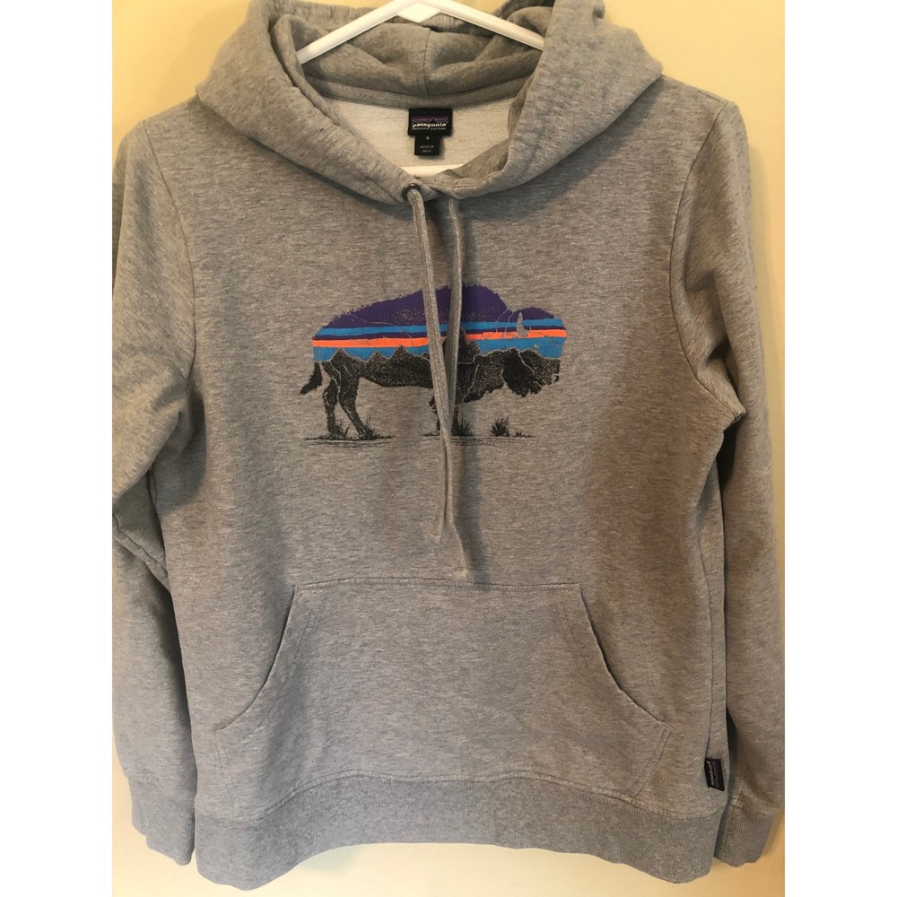 Patagonia Mens Gray Organic Cotton Bison Fitz Roy Logo Hoodie Sweatshirt Small